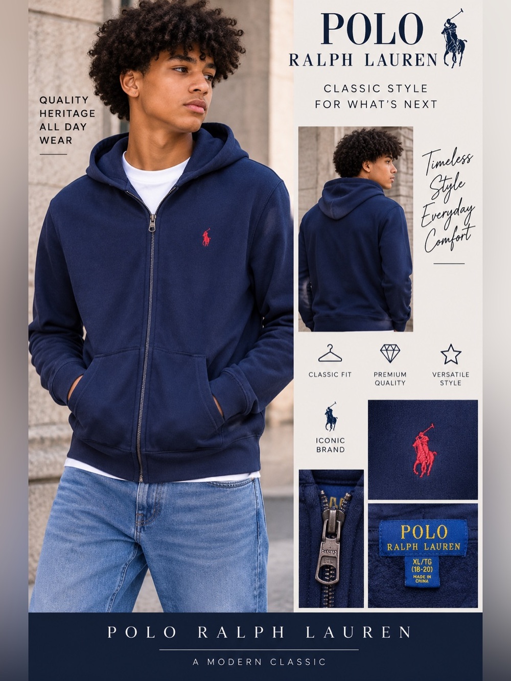 Polo by Ralph Lauren Boys Navy Zip-Up Hoodie Sweater size XL 18/20